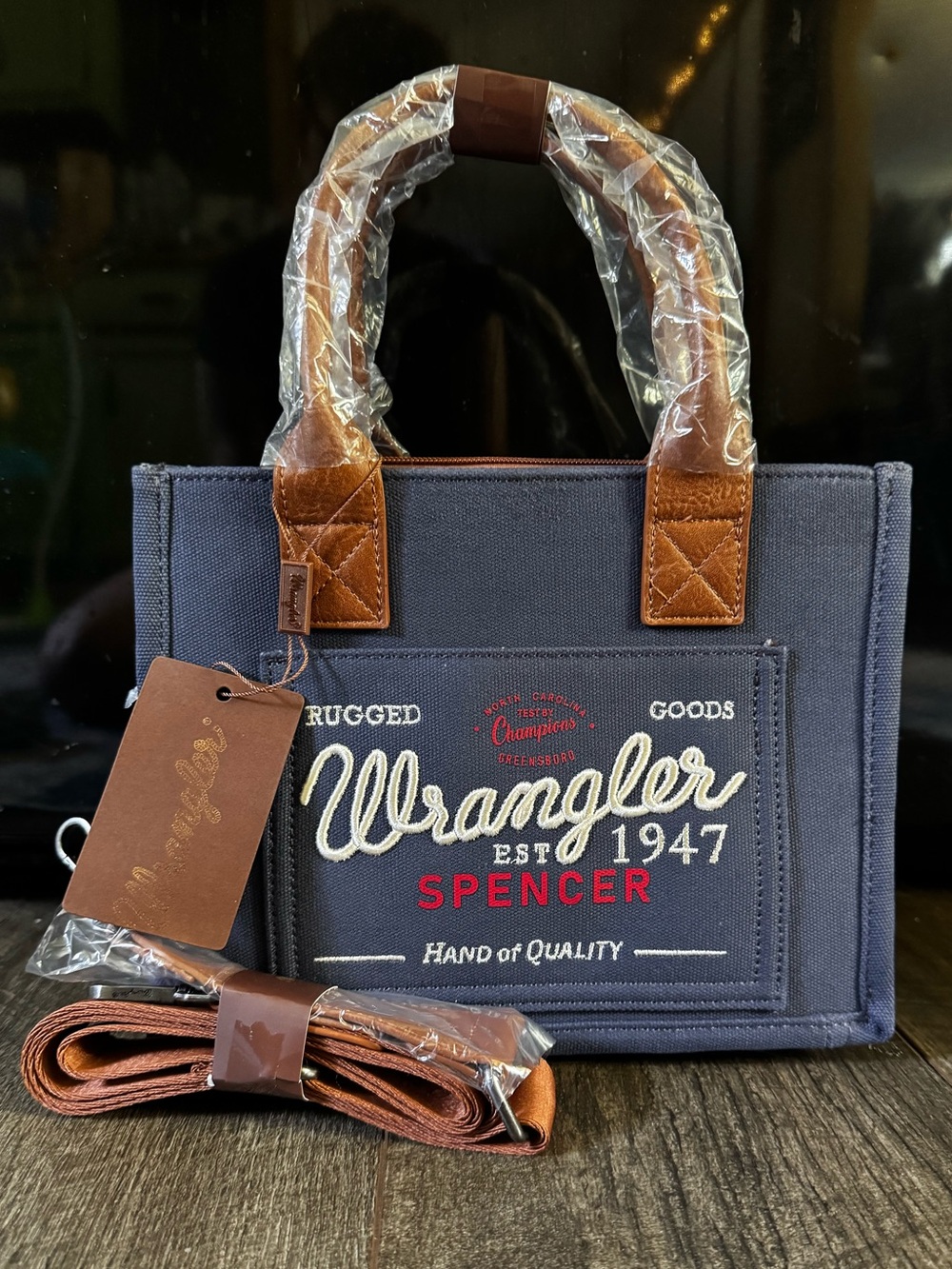 Wrangler Navy Canvas Messenger Bag with Brown Trim